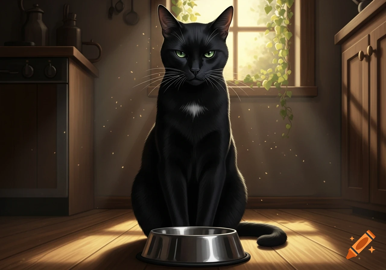A black cat with green eyes sits on a wooden floor in a sunlit kitchen, staring intently at an empty food bowl.