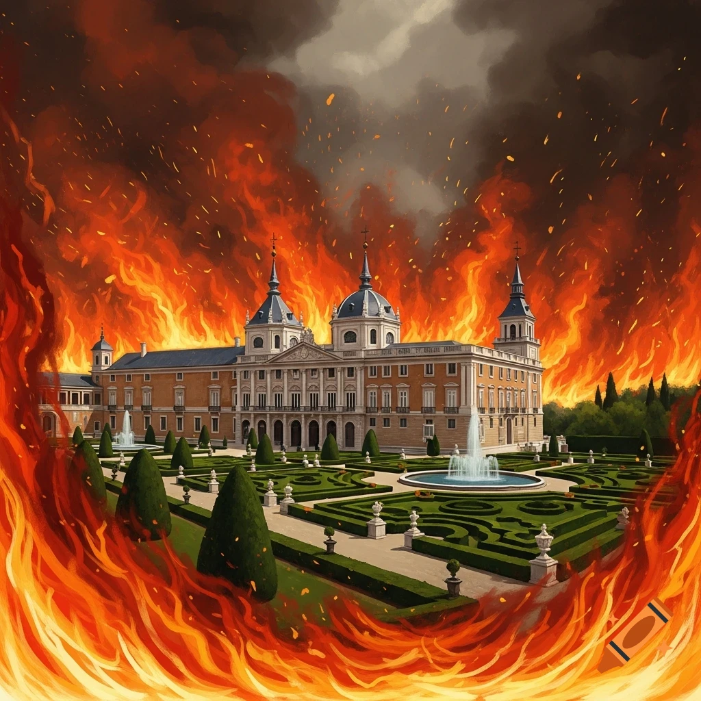 Acrylic painting of the royal palace of San Ildefonso and its formal gardens engulfed in raging flames and thick smoke under a dark sky.