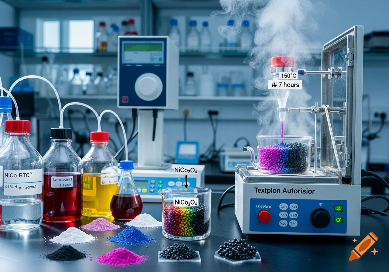 A chemical synthesis experiment in a lab, with colorful powders and liquids in bottles and beakers, and a machine with steam rising from a reaction vessel.