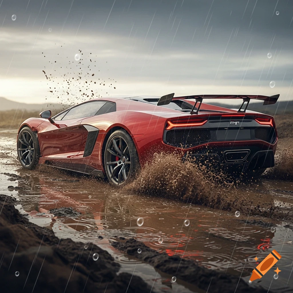 A red sports car splashes mud and water while spinning its tires on a wet, dirt road under a rainy sky. Photorealistic style.