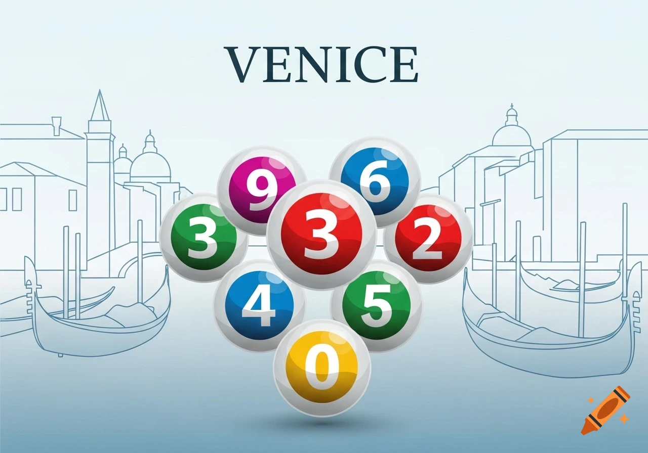 Stylized illustration of the Venice skyline with gondolas, featuring a pyramid of colorful lottery balls displaying numbers.