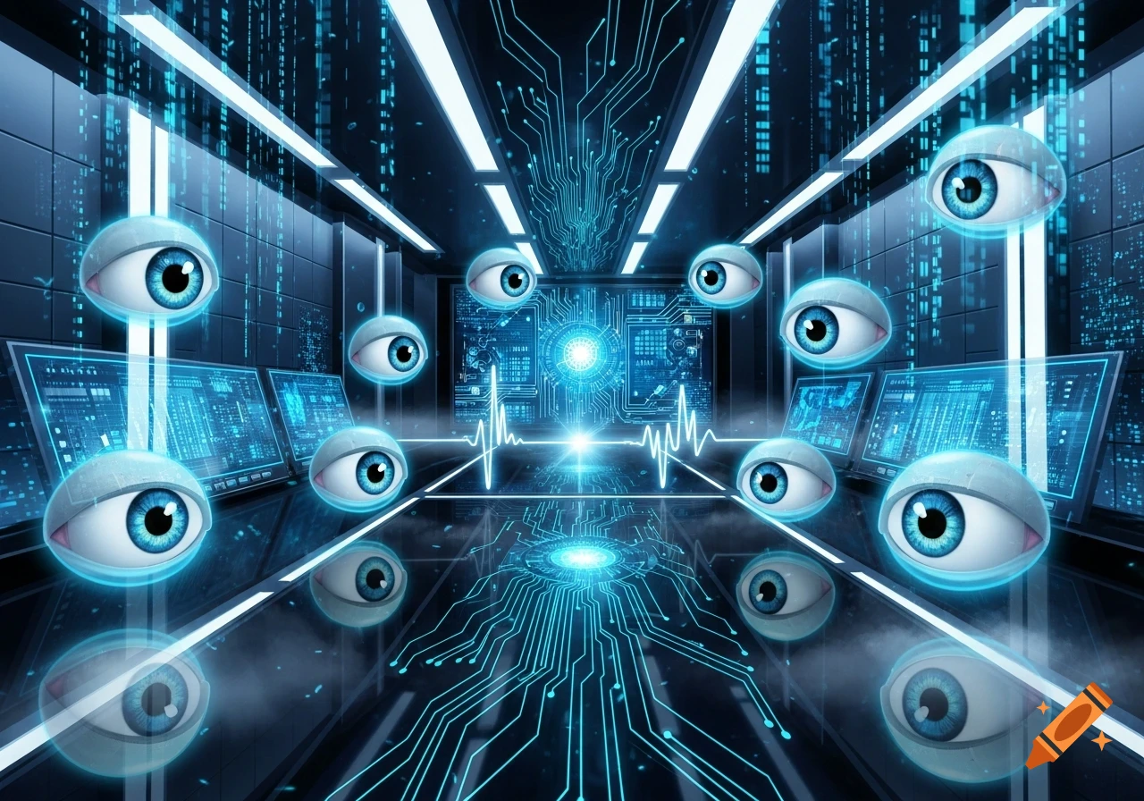 Floating eyeballs with blue irises in a futuristic data center filled with glowing blue circuit patterns and digital screens.