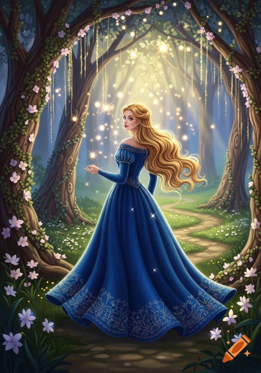 A blonde princess in a blue gown stands on a magical forest path with glowing lights and flowering vines in an illustrative style.