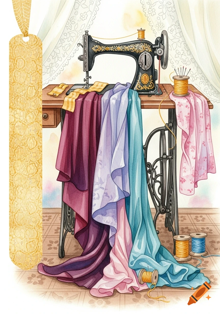 Watercolor illustration of a vintage sewing machine with colorful draped fabrics and thread spools, next to a golden lace-patterned bookmark.