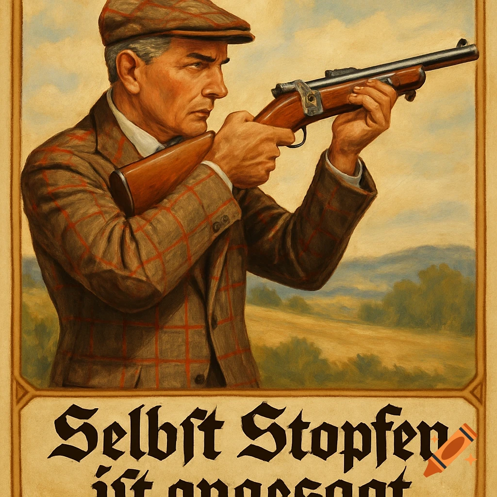 A vintage painting of a man in a tweed cap and jacket, aiming a bolt-action rifle, with German text at the bottom.