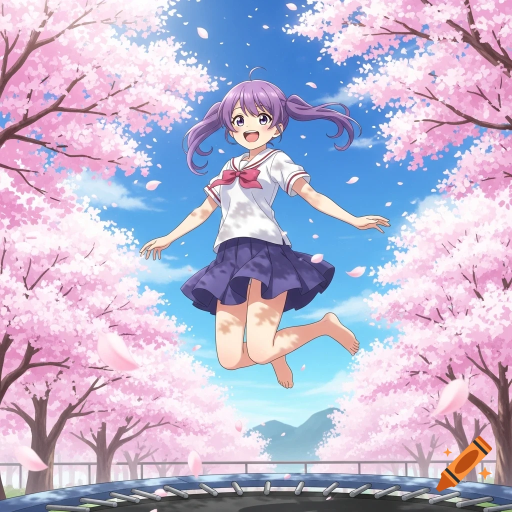 An anime girl with purple pigtails jumps barefoot on a trampoline amidst pink cherry blossom trees under a blue sky.