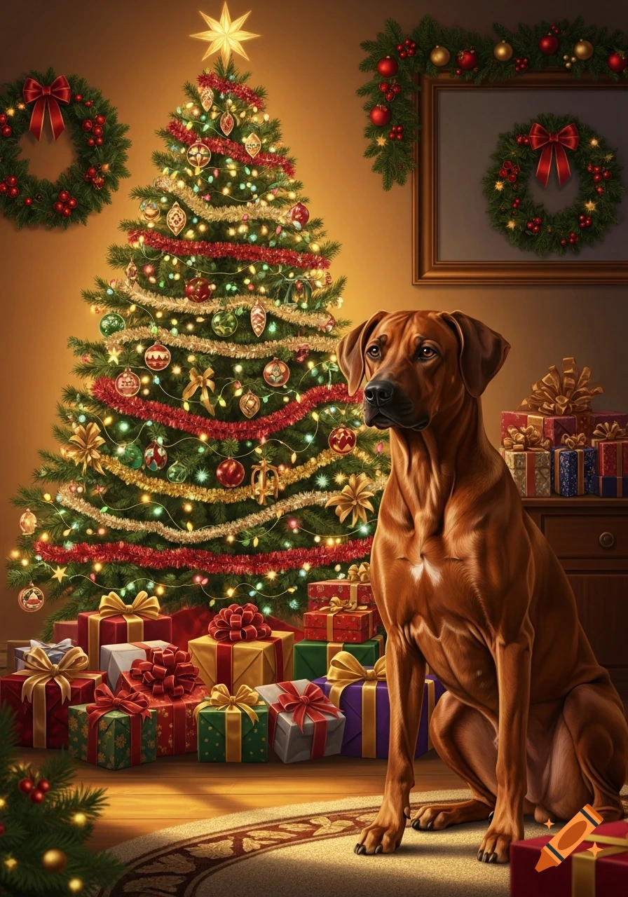 A photorealistic image of a brown Ridgeback dog sitting beside a brightly lit Christmas tree overflowing with presents and holiday decor.