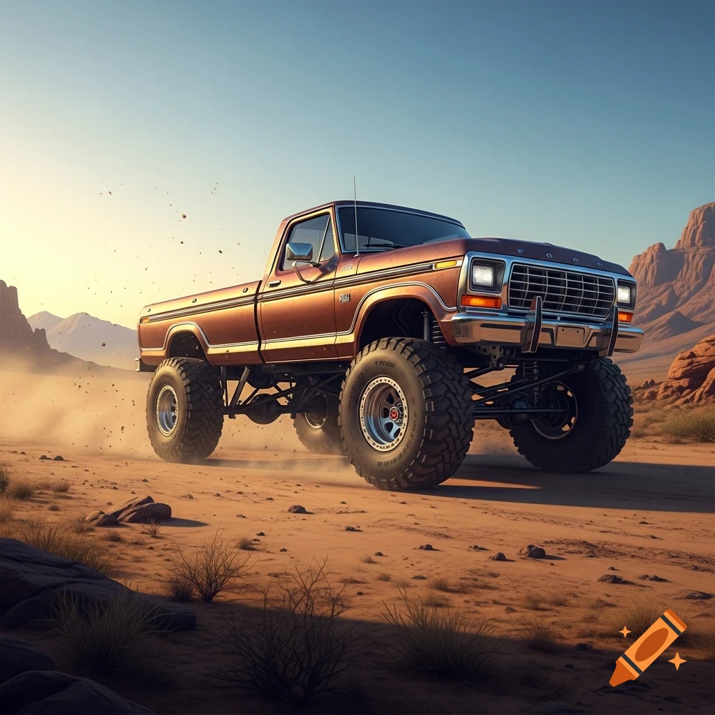 A lifted brown Ford F-250 pickup truck drives through a dusty desert landscape with mountains in the background under a clear sky.