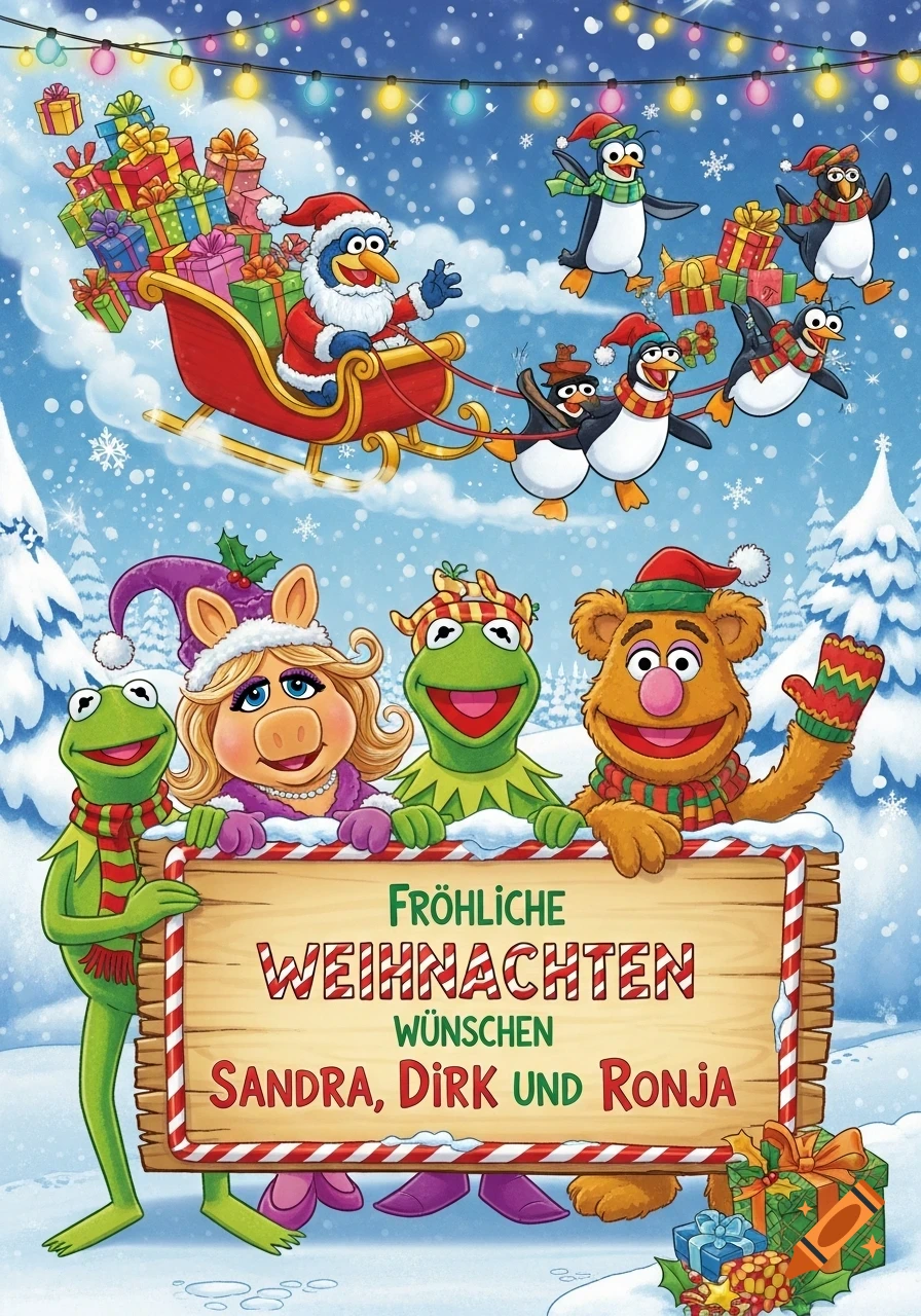 Gonzo as Santa in a sleigh pulled by penguins, while Kermit, Miss Piggy, and Fozzie Bear hold a sign that reads "Merry Christmas, Sandra, Dirk, and Ronja" in a festive snowy cartoon scene.