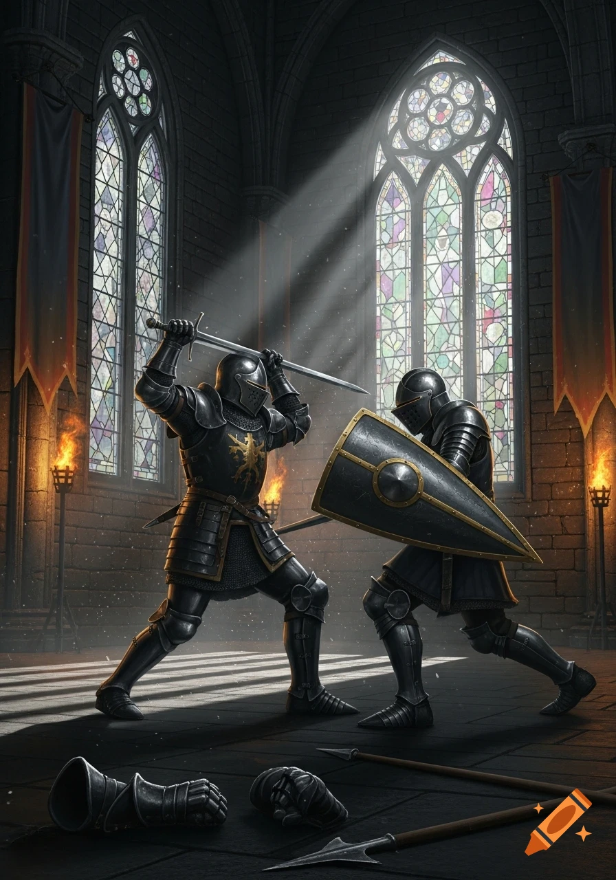 Two medieval knights in black armor fight with a sword and shield in a grand castle hall with stained glass windows.