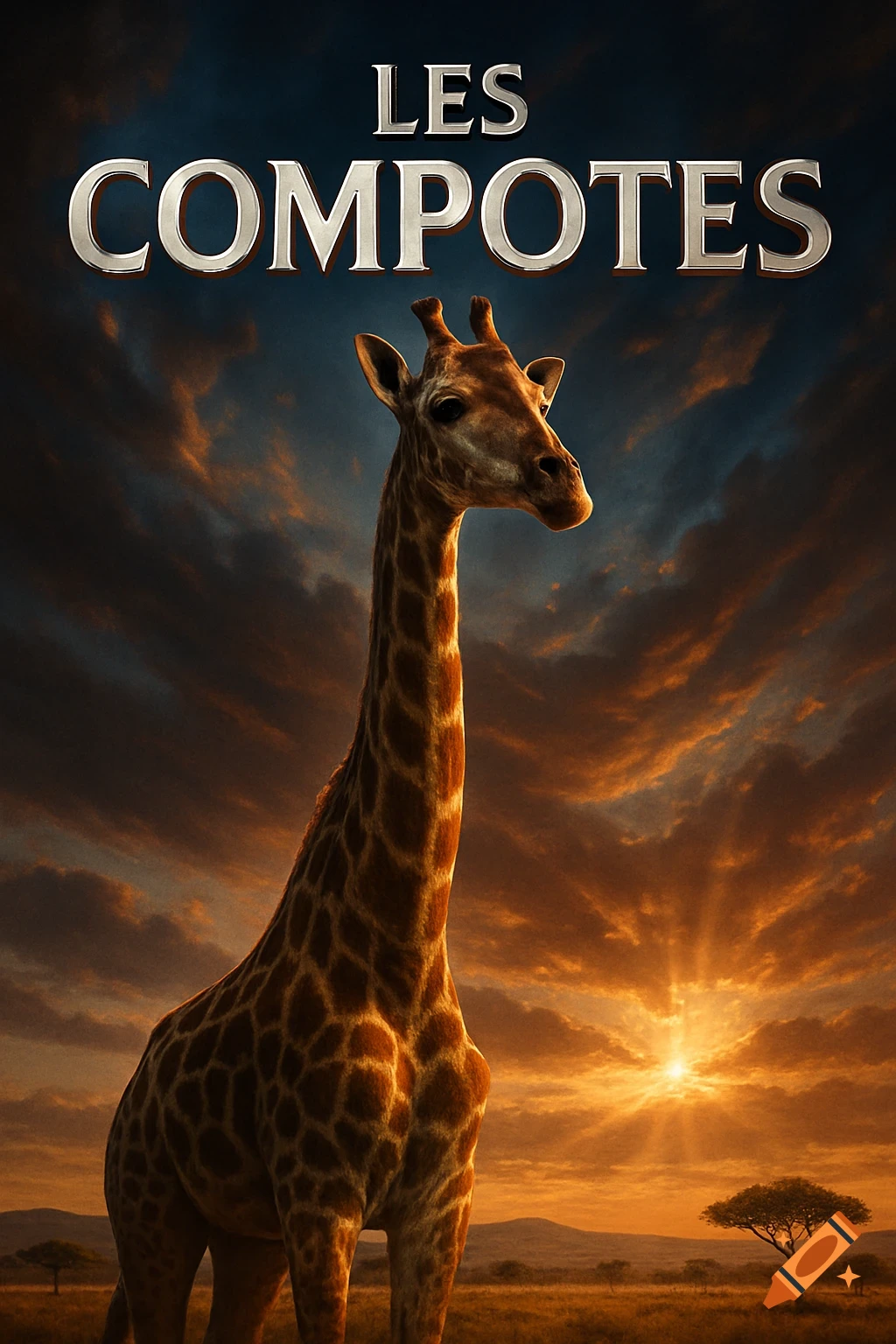 A movie poster for "Les Compotes" featuring a realistic giraffe against a dramatic sunset in a savanna landscape.