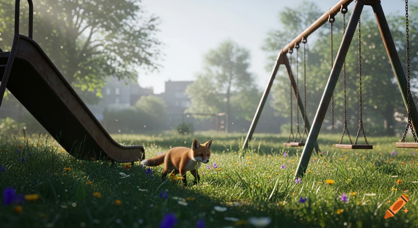 A photorealistic fox kit explores an abandoned playground overgrown with grass and colorful flowers in soft morning light.
