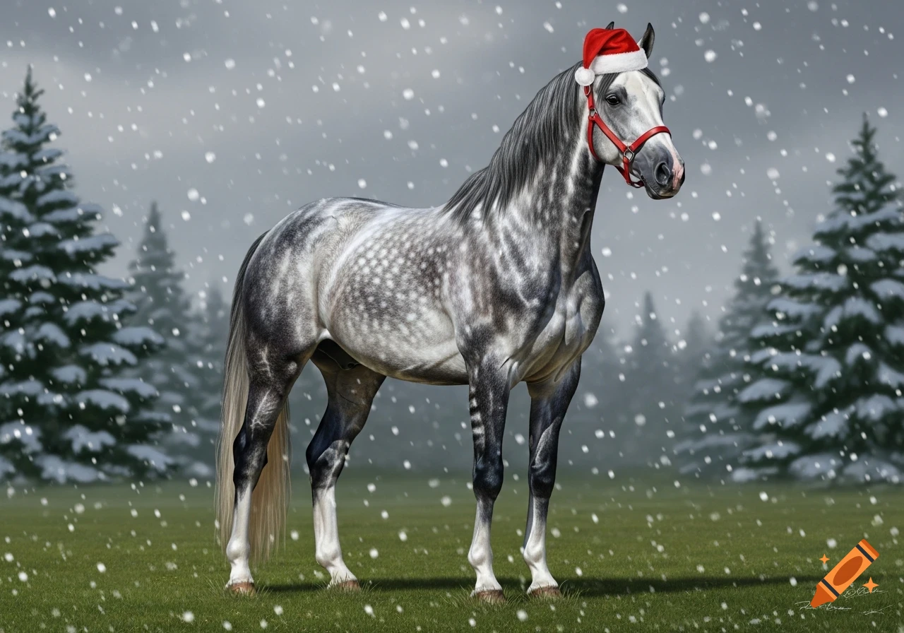A dapple grey horse wearing a red Santa hat stands in a snowy field with evergreen trees in the background.