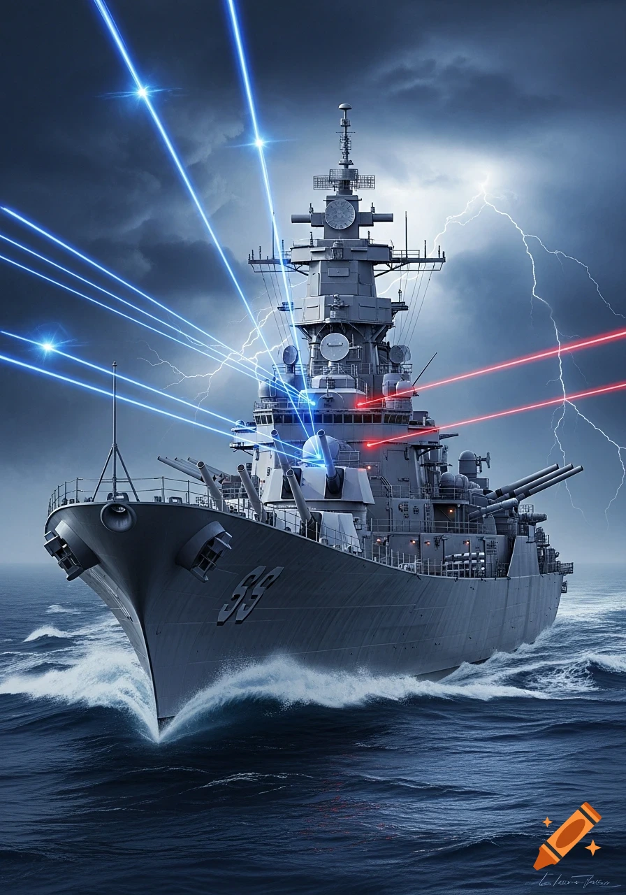 A modern American battleship sails through stormy seas under lightning strikes, firing blue and red lasers.