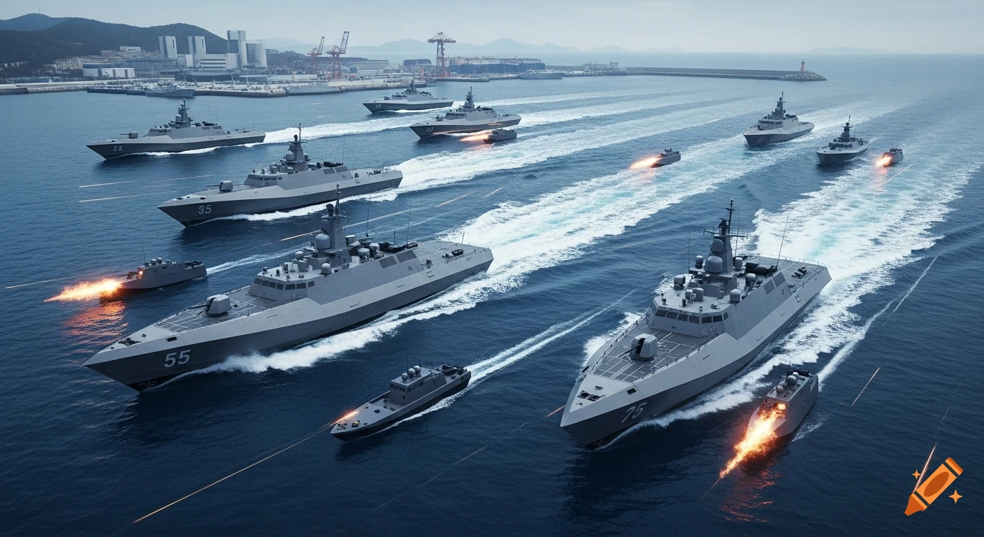 Hyperrealistic view of futuristic gray stealth warships and smaller vessels with muzzle flashes, sailing on a deep blue ocean past a naval base.