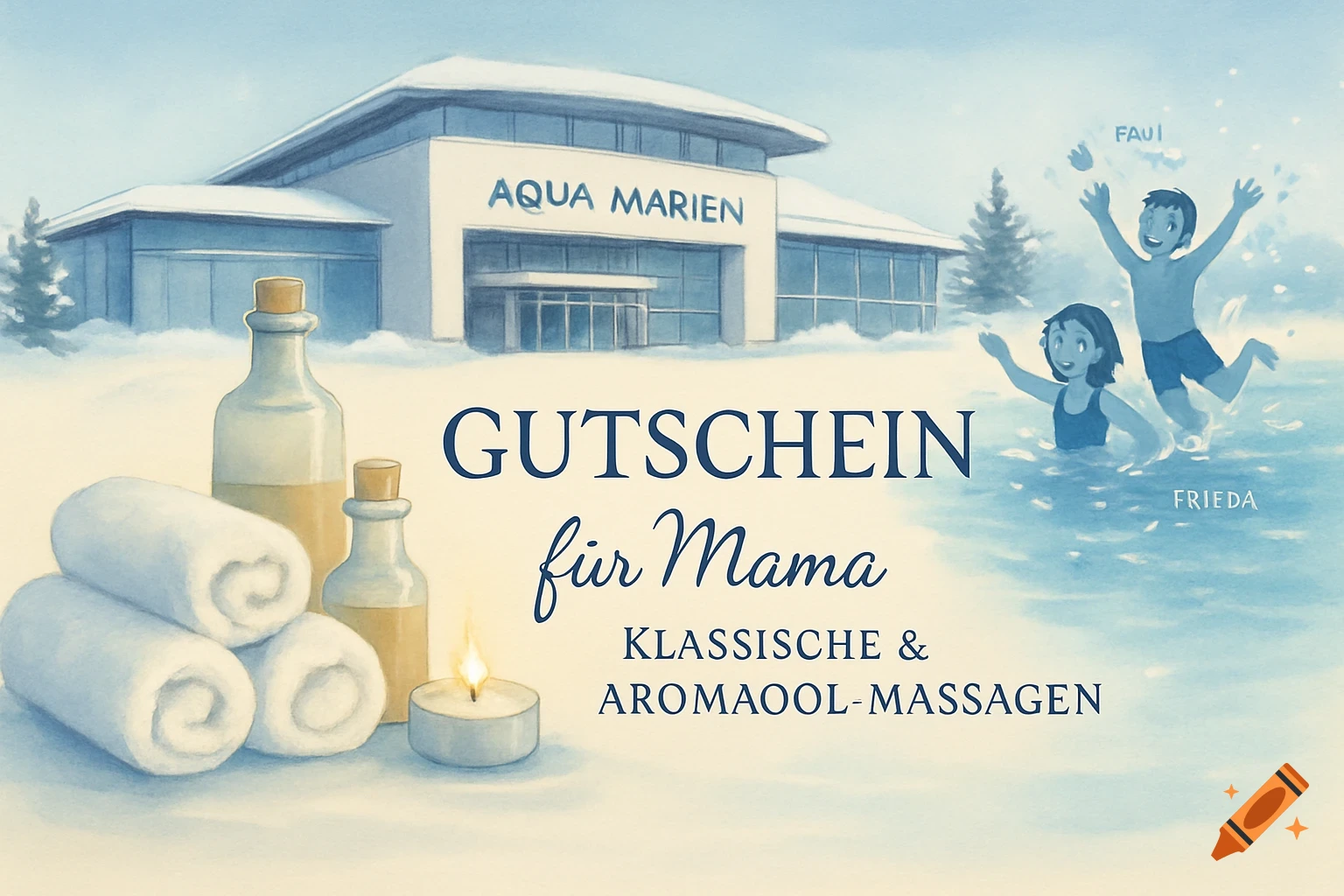 A watercolor-style wellness voucher depicting the Aqua Marien building in winter, spa items, and two children playing in a pool, with German text.