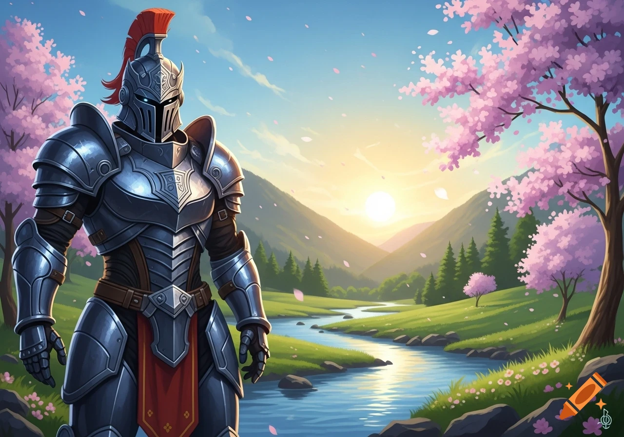 A knight in shining armor stands in a vibrant fantasy landscape with pink cherry blossom trees, a river, and mountains at sunset.