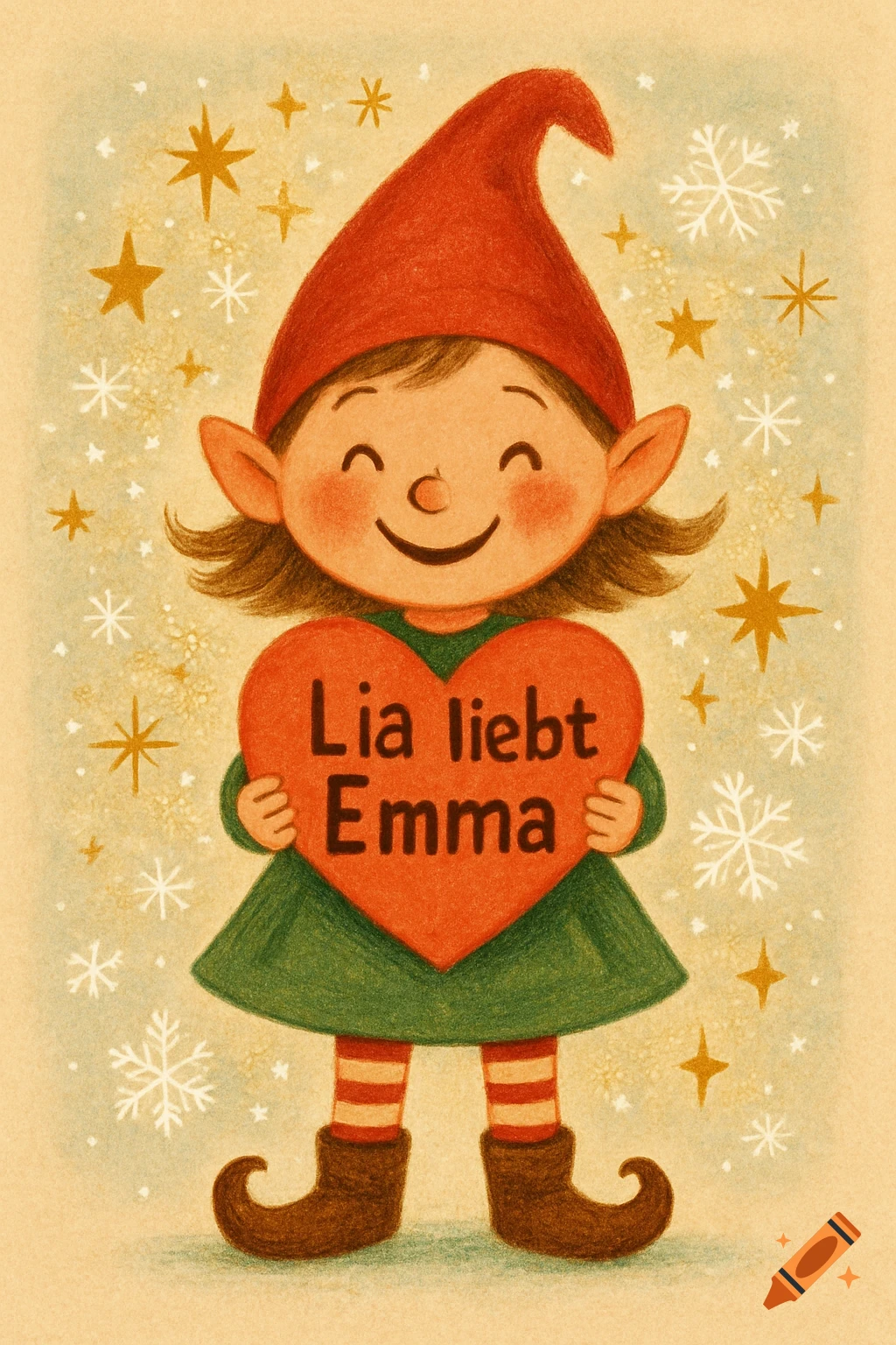A cheerful, stylized Christmas gnome wearing a red hat and green dress, holding a red heart with "Lia liebt Emma" on it, surrounded by stars and snowflakes.