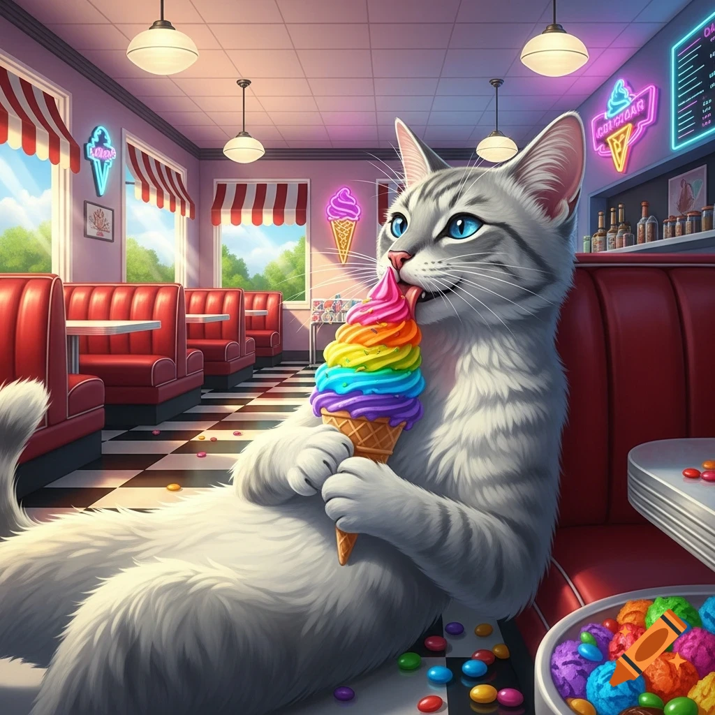 A fluffy gray cat with blue eyes licks a colorful rainbow ice cream cone in a retro diner with a checkered floor.