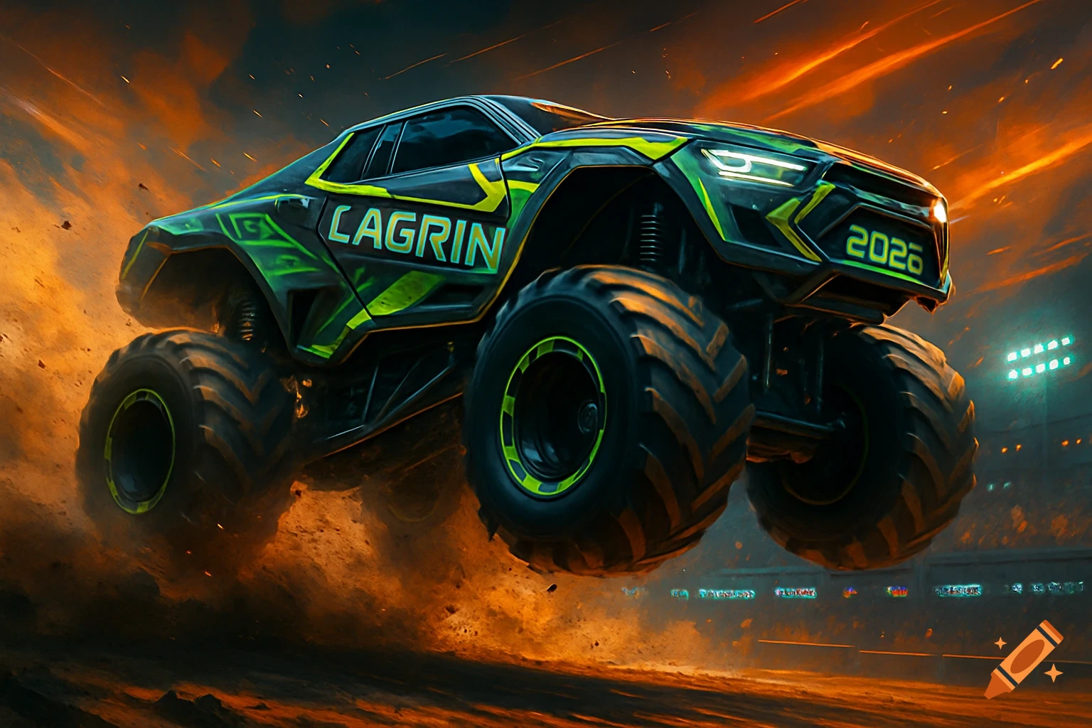 A dynamic green and black monster truck, labeled LAGRIN and 2026, jumps over a dirt track with stadium lights in the background.