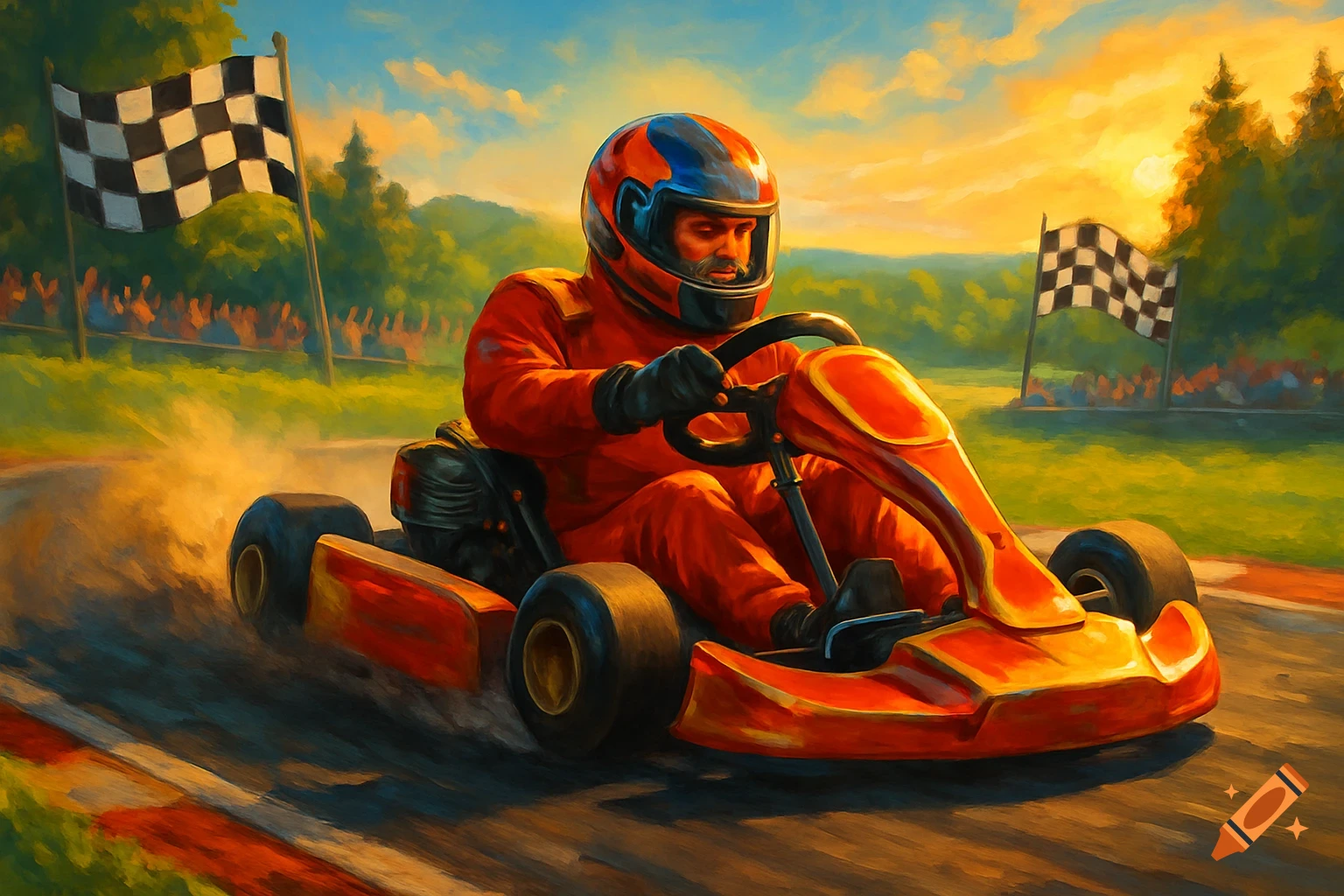 A man in a red racing suit and helmet drives an orange go-kart on a track, with checkered flags and a crowd in the background, in a painterly style.
