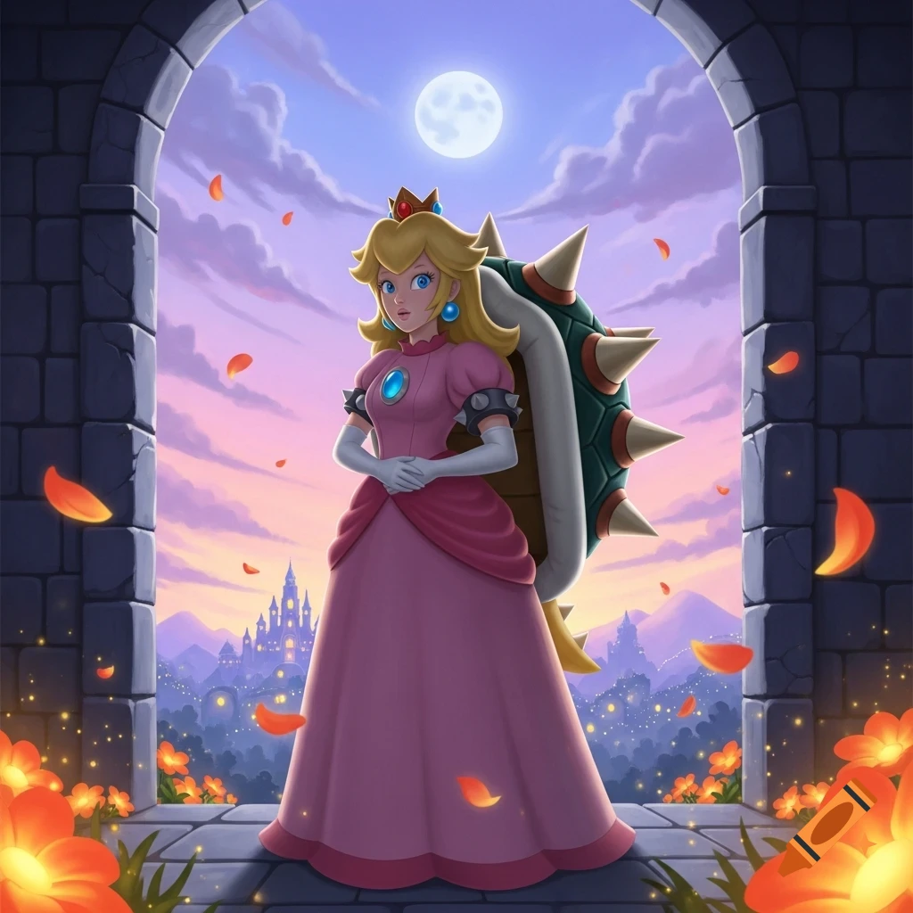 Princess Peach wearing Bowser's shell stands in an archway against a sunset sky with a full moon and a distant castle.