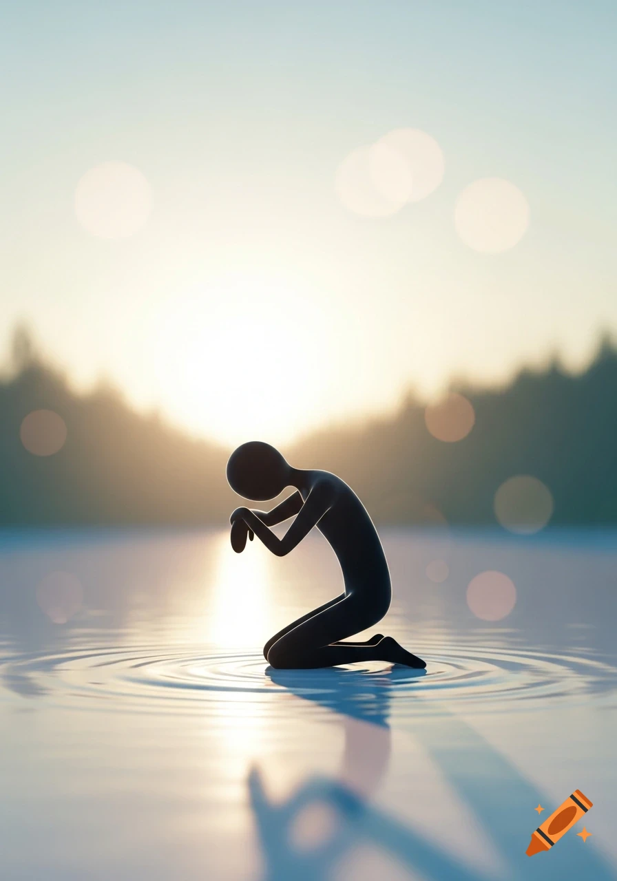 A black stick figure kneels in shallow water with ripples, silhouetted against a bright sunset sky and a blurry treeline.