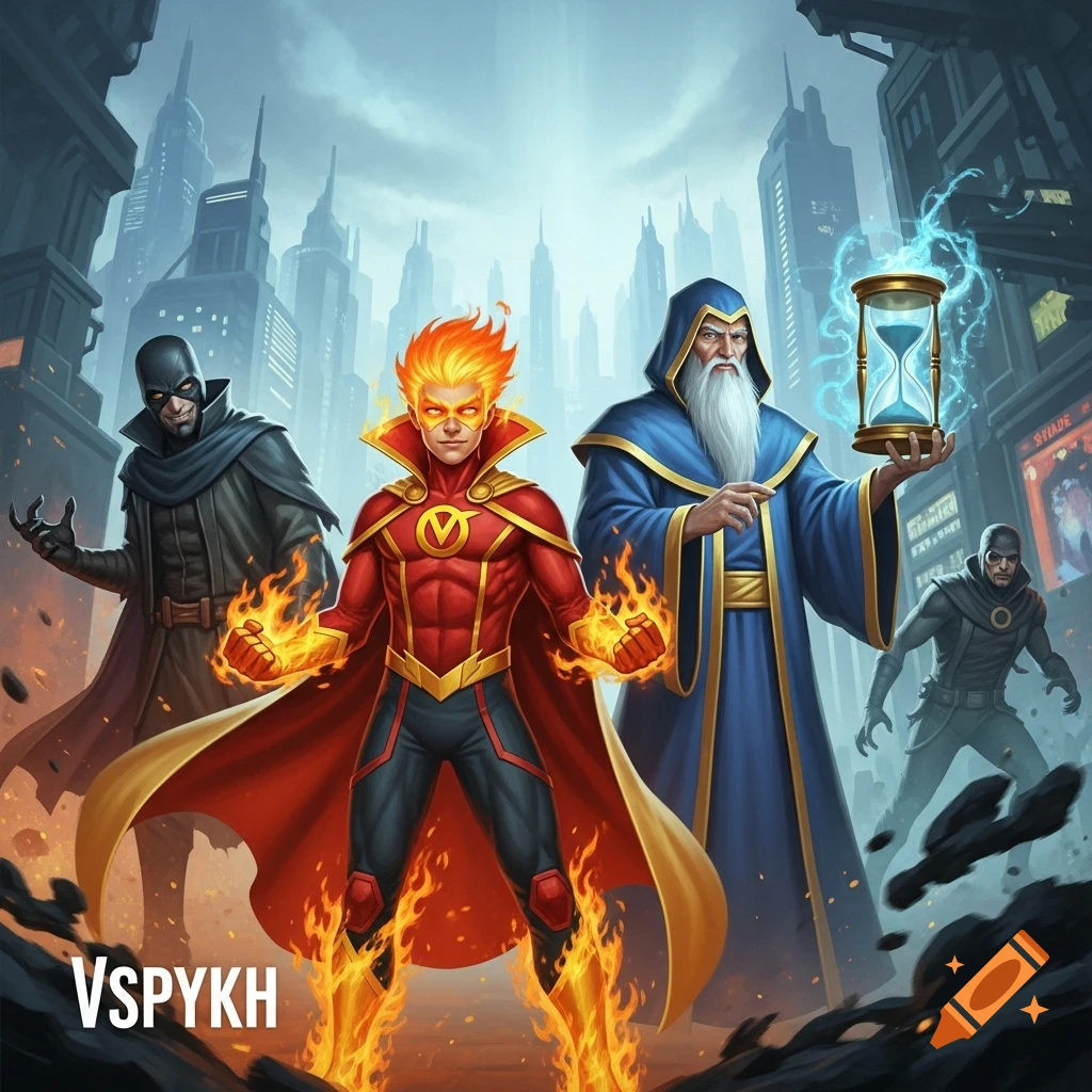 Three superheroes and a villain in an urban cityscape. A young man with fiery hair and fists, an old wizard holding a glowing hourglass, and two dark-clad figures.