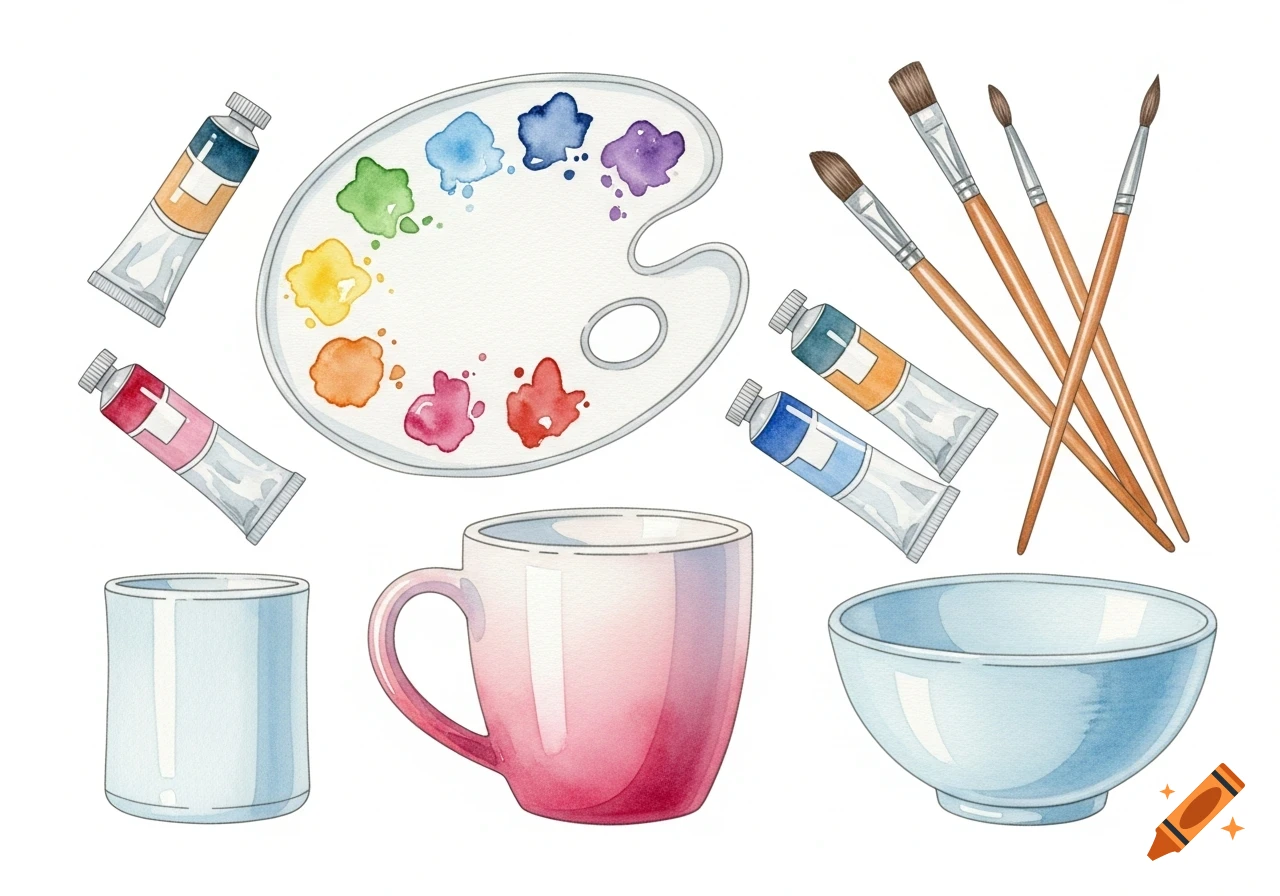 Watercolor illustration of various pastel art supplies including a paint palette, brushes, paint tubes, a blue cup, a pink mug, and a blue bowl.