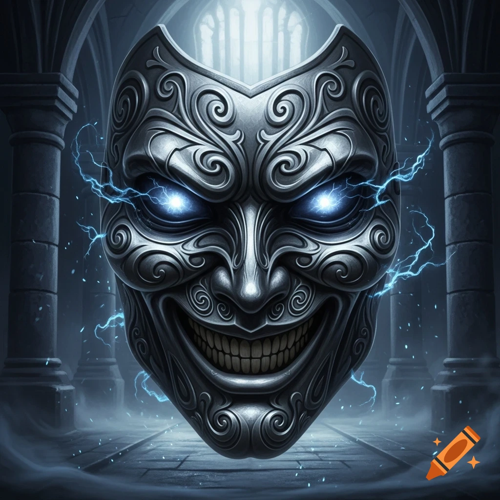 An ornate silver mask with glowing blue eyes, sharp teeth, and blue lightning, floating in a dark gothic hall.