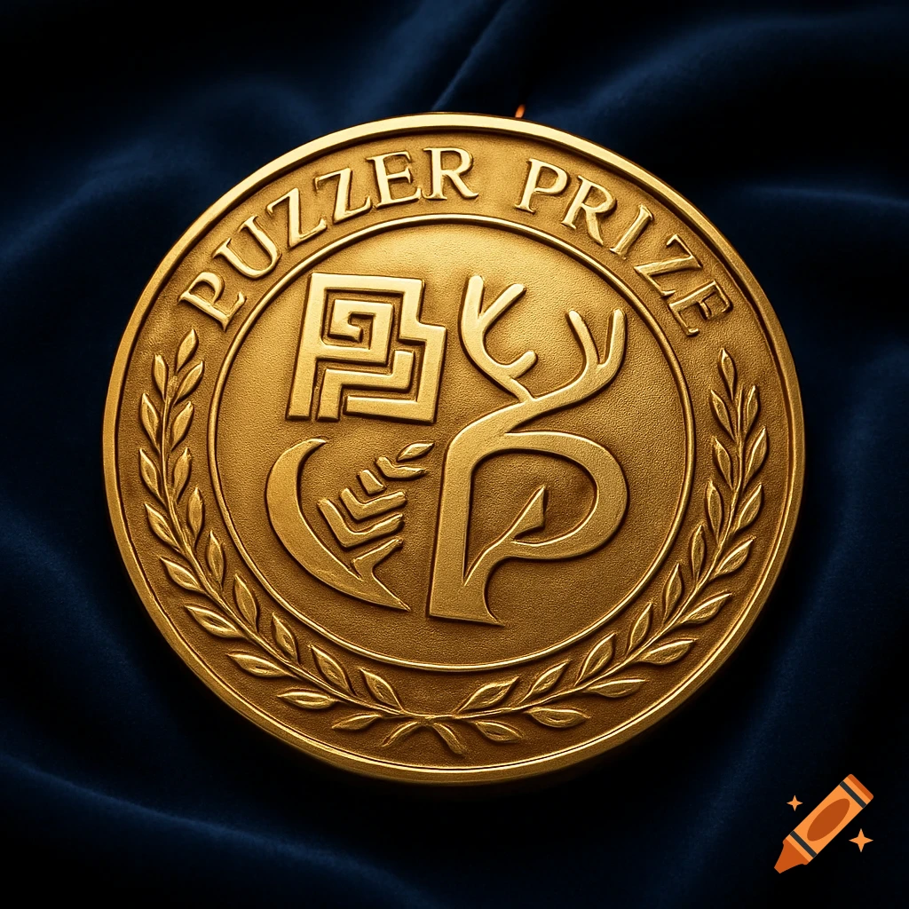 A photorealistic gold medal with 'PUZZER PRIZE' engraved around its rim, resting on a dark blue cloth.