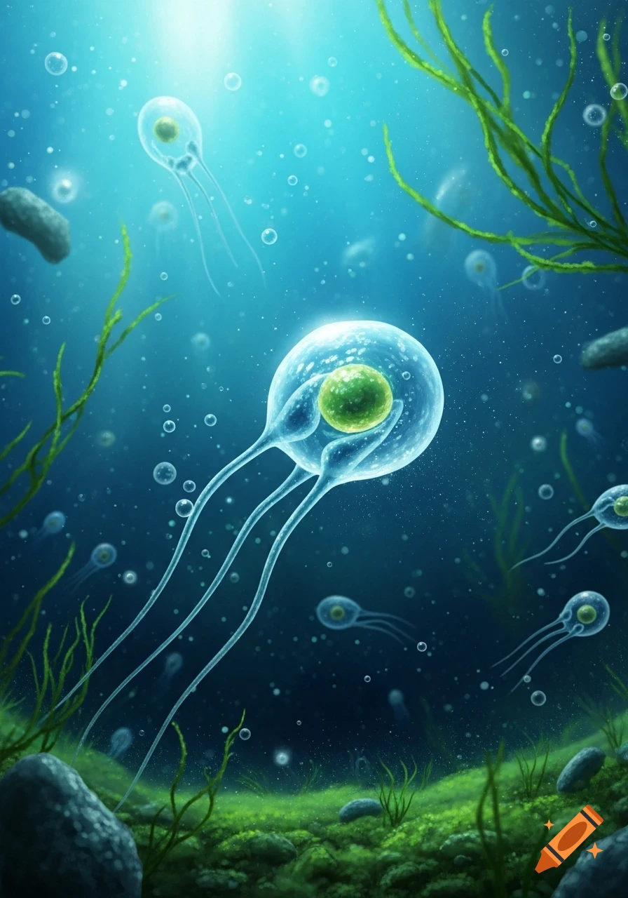An artistic depiction of glowing spore cells floating underwater, with seaweed and rocks on a vibrant green seabed.