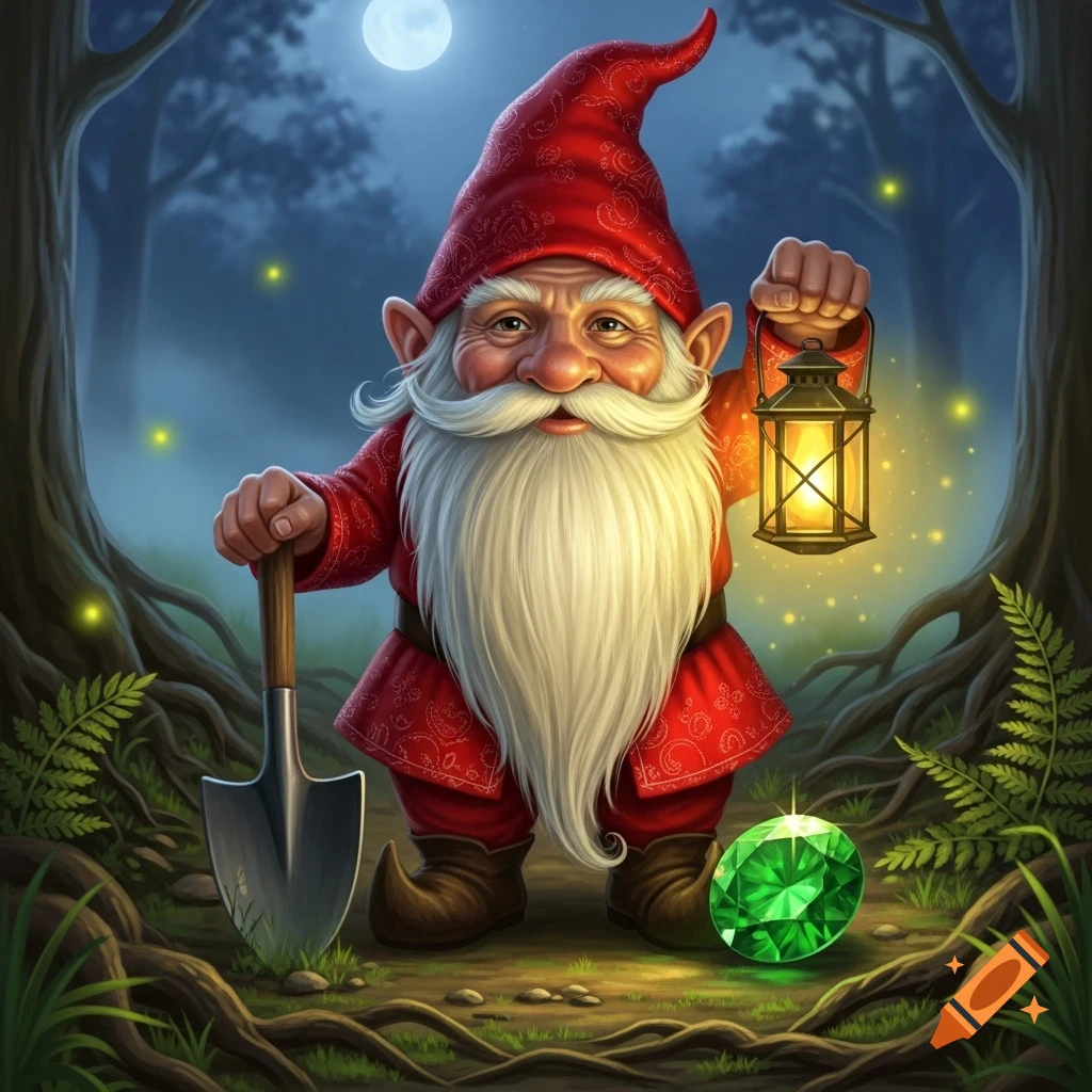 A gnome in a red costume and white beard stands in a moonlit forest, holding a glowing lantern and a shovel, with a green gem at his feet.
