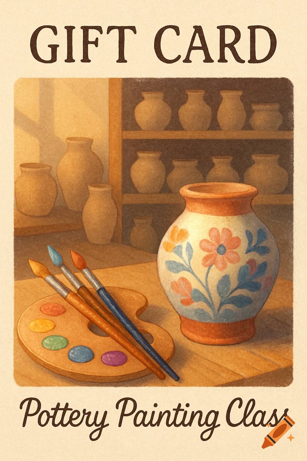 A gift card for a pottery painting class, with a decorated vase, paintbrushes, and a palette on a table, in a warm, painterly style.