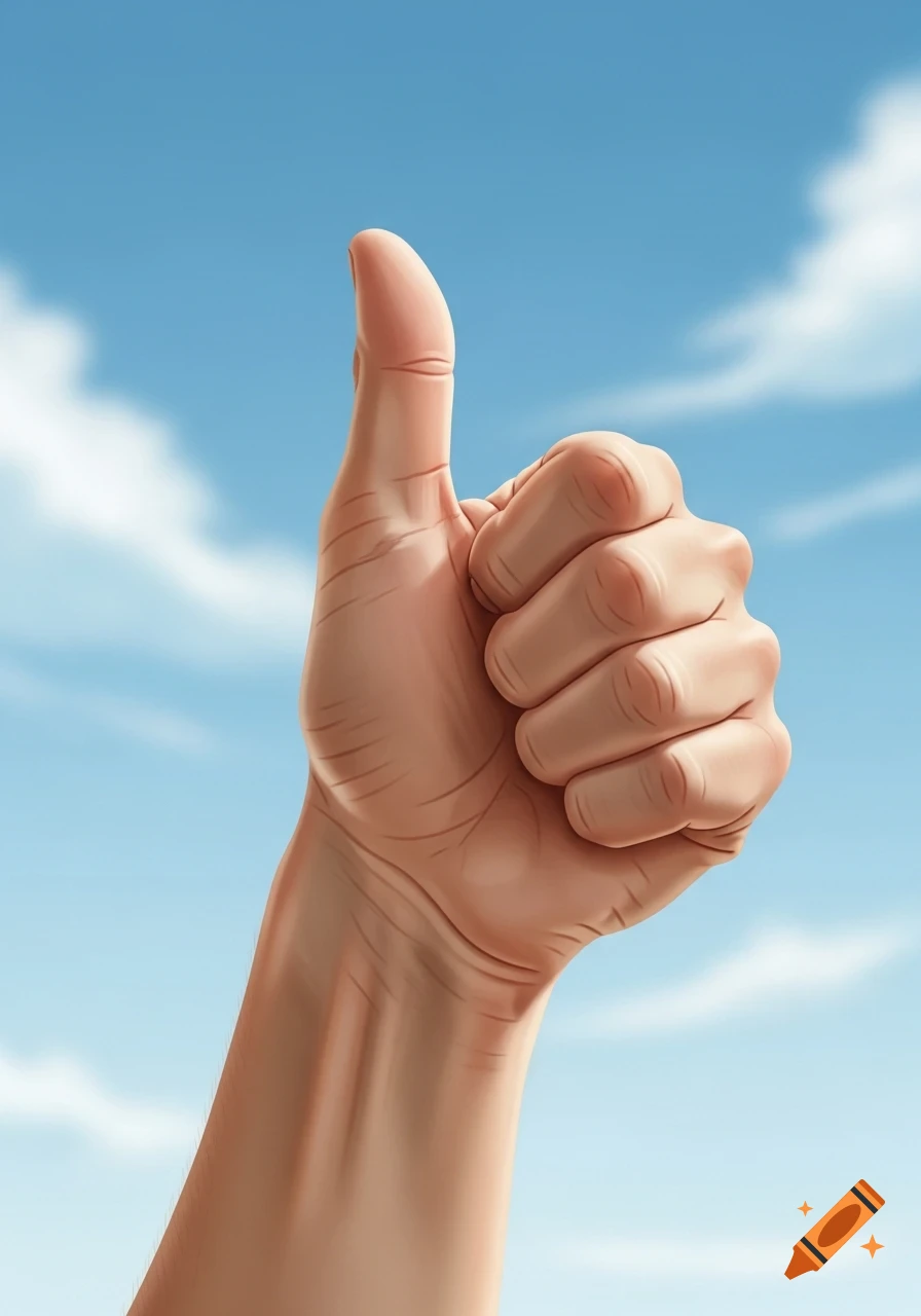 An illustrated hand gives a thumbs up against a bright blue sky with wispy clouds.