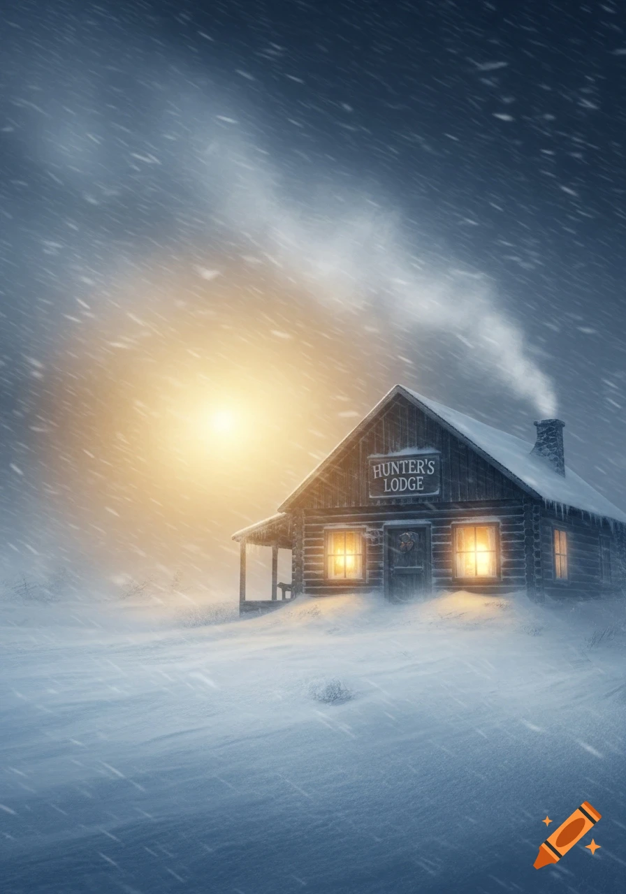 A cozy wooden cabin with glowing windows and smoking chimney, surrounded by a heavy snowstorm under a bright sky.