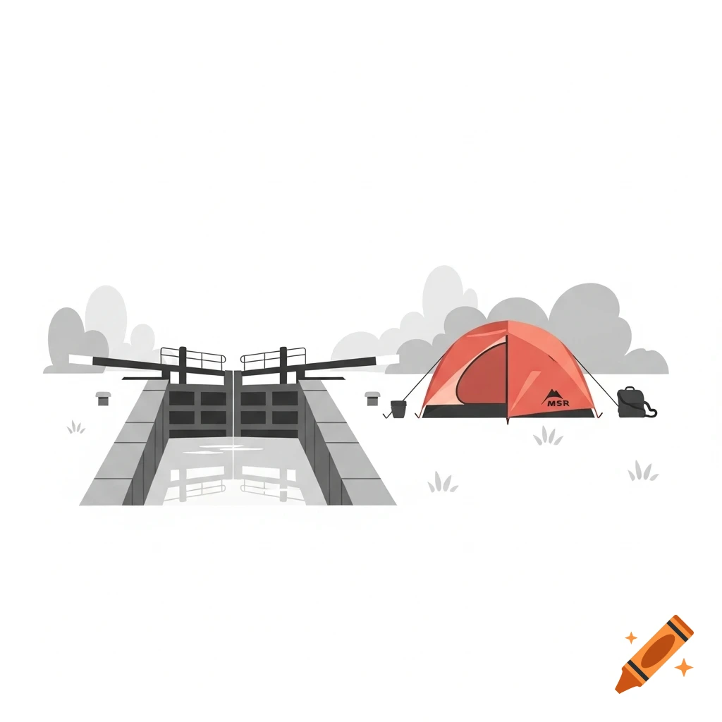 Simple illustration of an orange MSR camping tent next to a grey canal lock on a white background.
