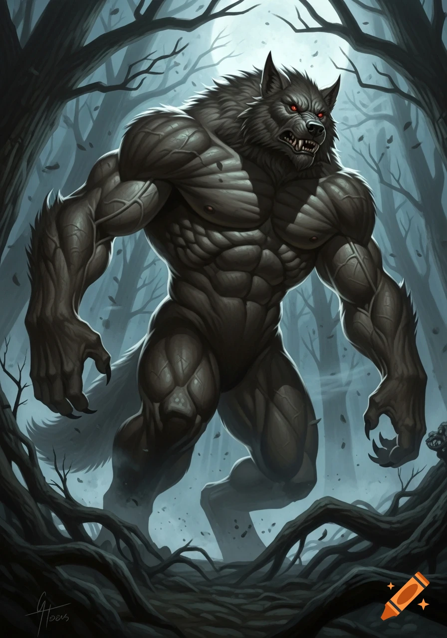 A powerfully built, gray werewolf with glowing red eyes stands in a dark, misty forest, illuminated by a pale light from above.