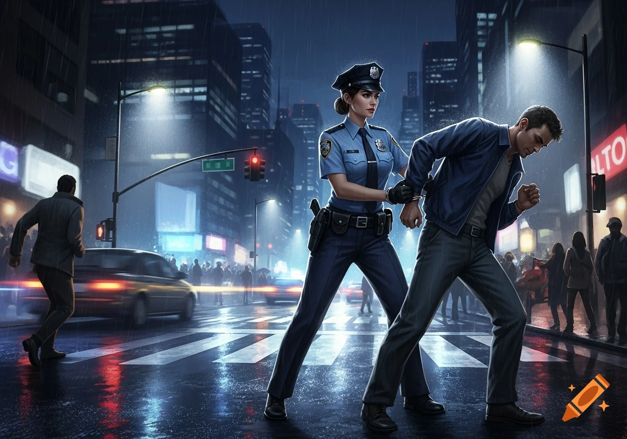 A policewoman in uniform handcuffs a male suspect on a rainy city street at night, with buildings and traffic lights in the background.