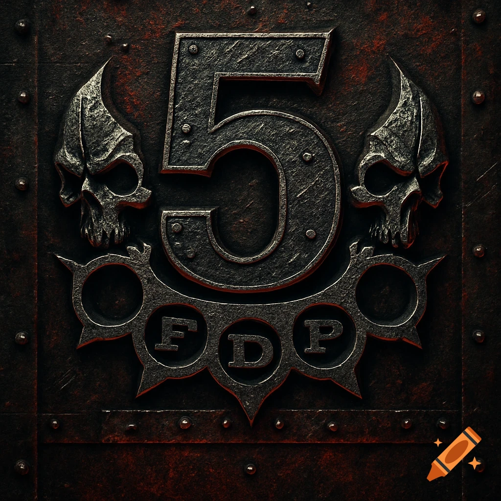 Gritty metal logo featuring the number 5, two stylized skulls, and the letters FDP within brass knuckles, on a dark, rusted background.