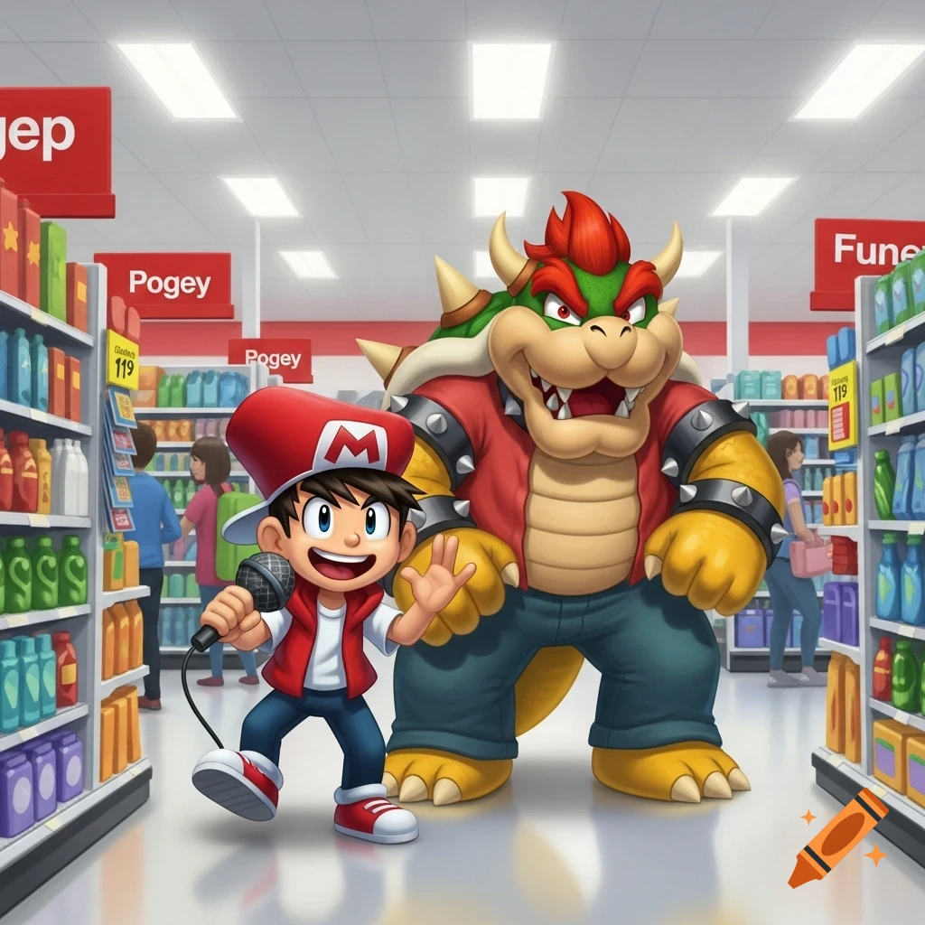 Cartoon characters Boyfriend FNF with a microphone and Bowser stand in a supermarket aisle filled with colorful products, with people blurred in the background.