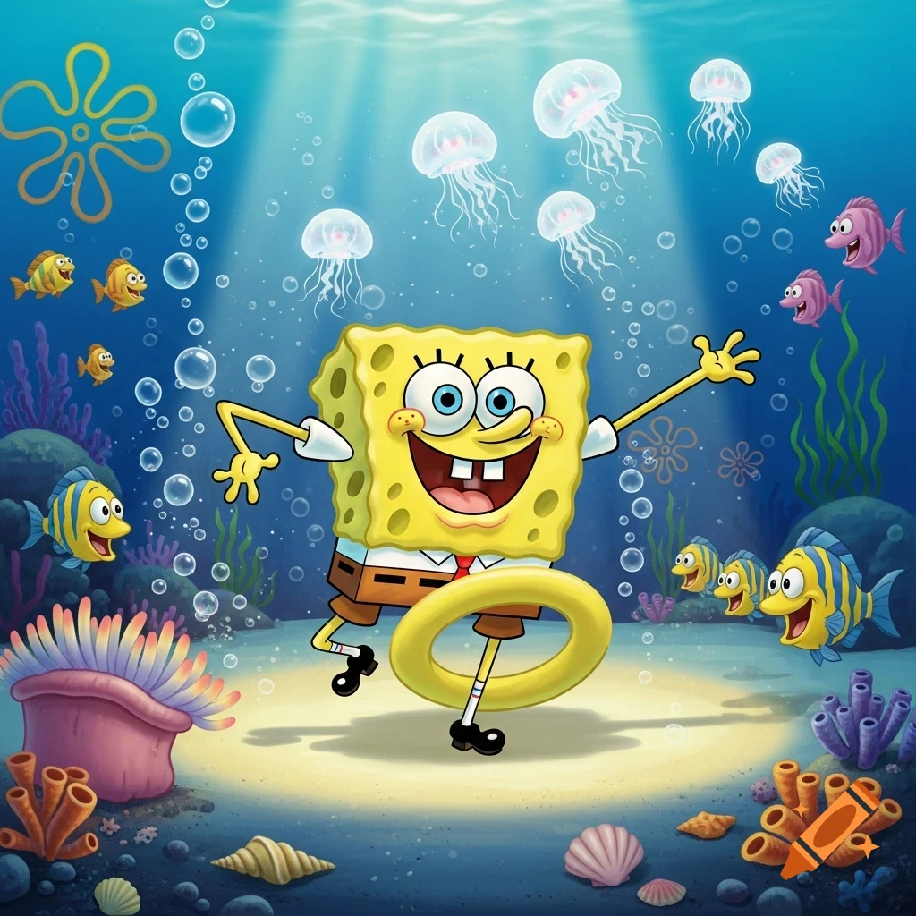 Spongebob Squarepants joyfully dancing underwater amidst colorful coral, fish, and jellyfish, with light rays filtering from above. Cartoon style.