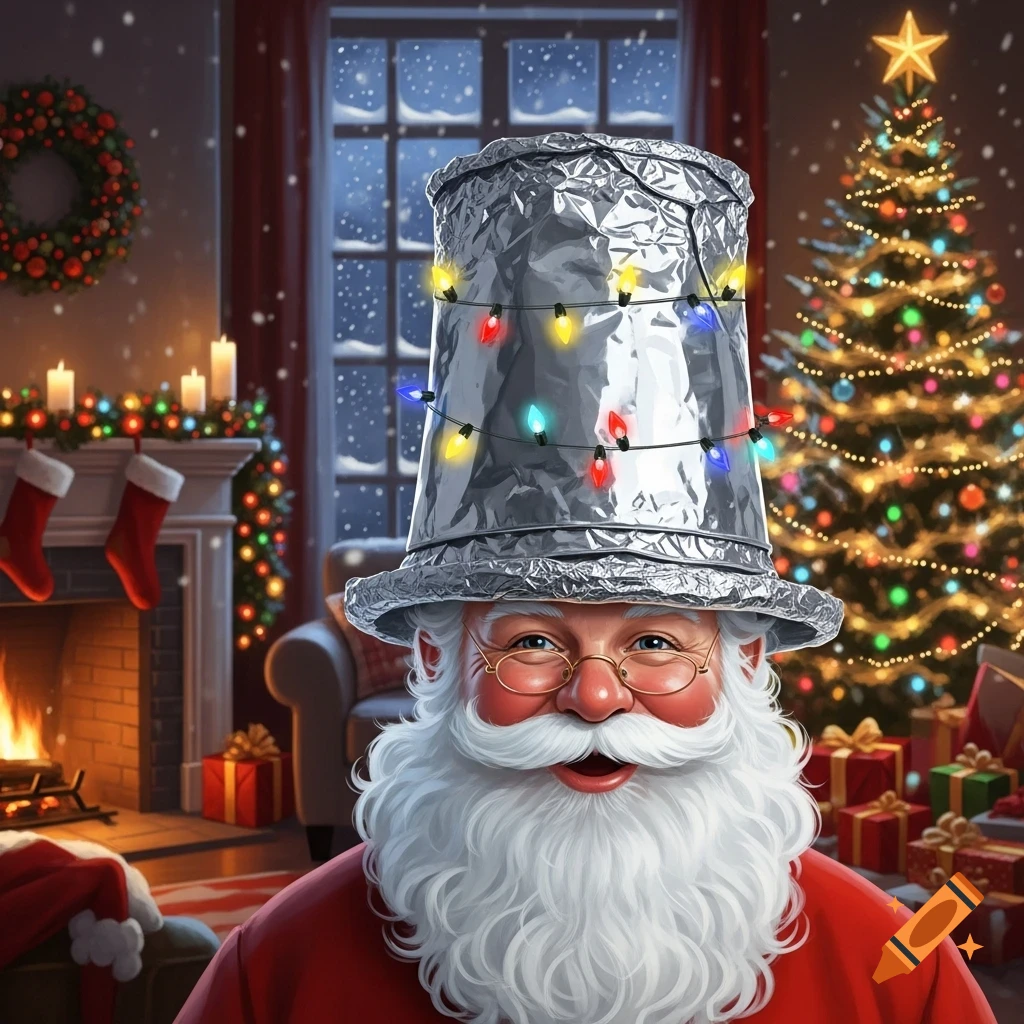Santa Claus with a foil hat wrapped in colorful Christmas lights, smiling in a festive living room with a decorated tree and fireplace.