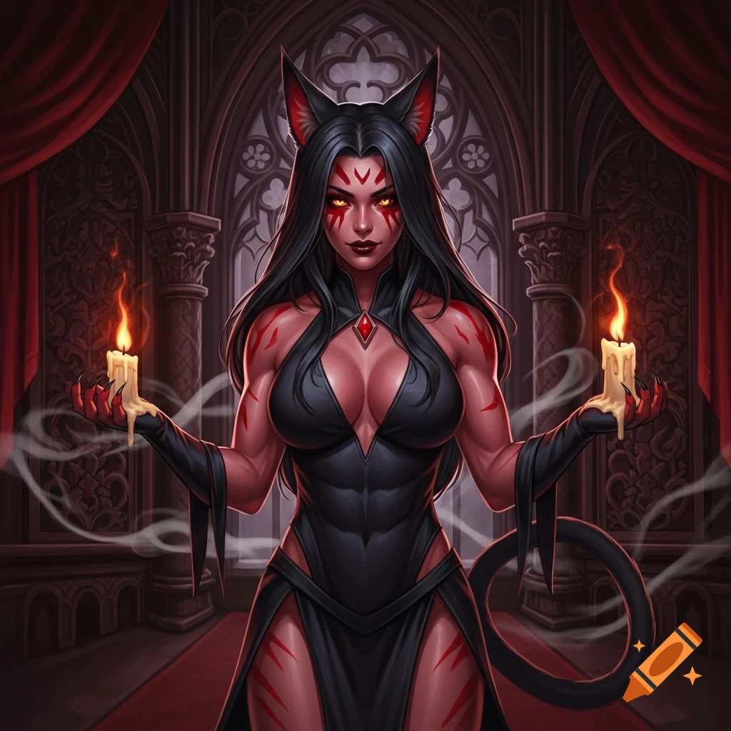 A muscular, demonic woman with red skin markings, cat ears, and glowing eyes, holding two lit candles in a gothic setting.