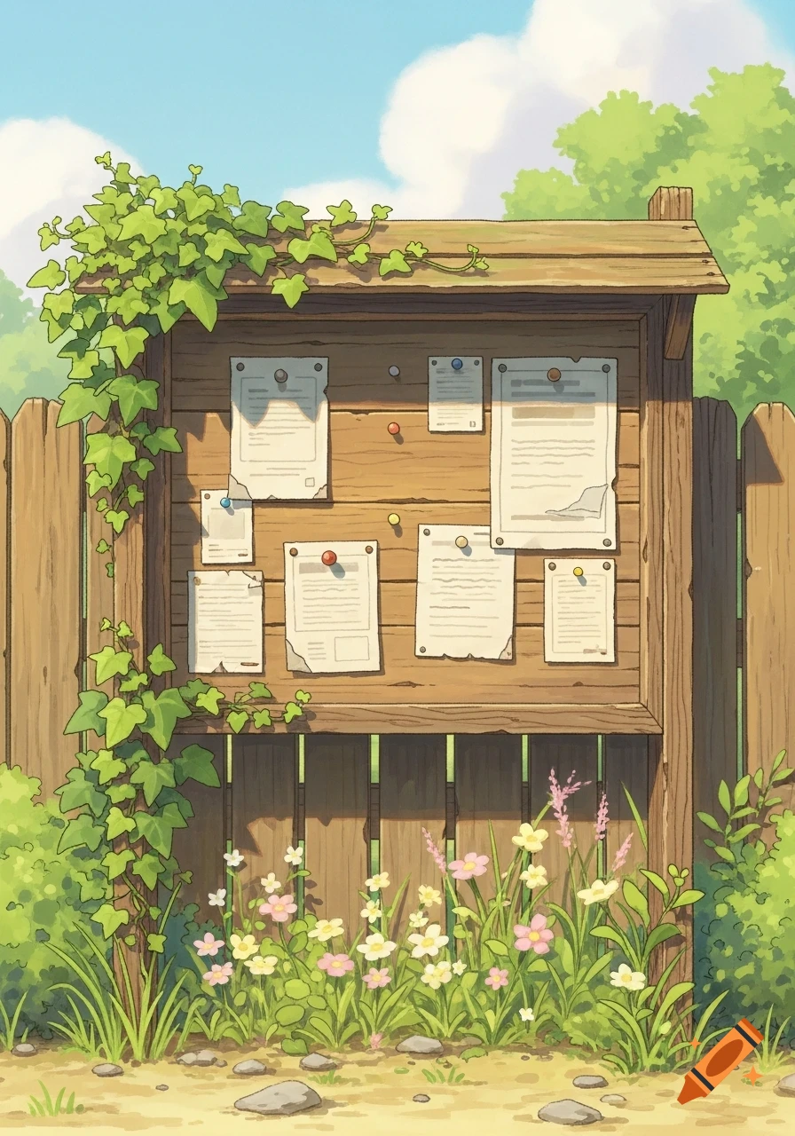 Ghibli style illustration of a wooden bulletin board with papers, covered in ivy, surrounded by wildflowers and a wooden fence under a blue sky.
