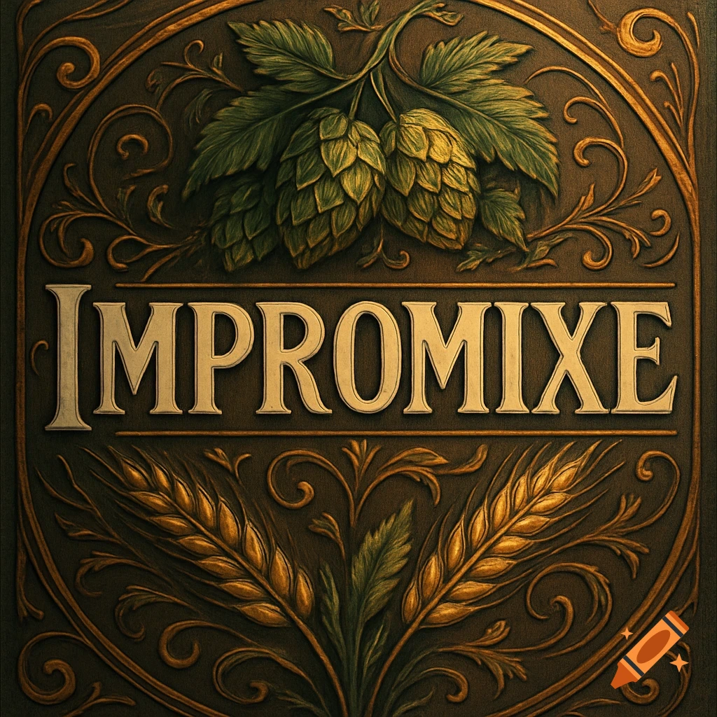 Decorative gold and green embossed label featuring hops, wheat, and the word 'IMPROMIXE' on a dark background.