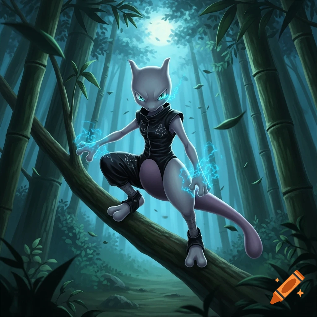 Mewtwo in a ninja outfit crouches on a tree branch in a moonlit bamboo forest, blue energy crackling around its hands.