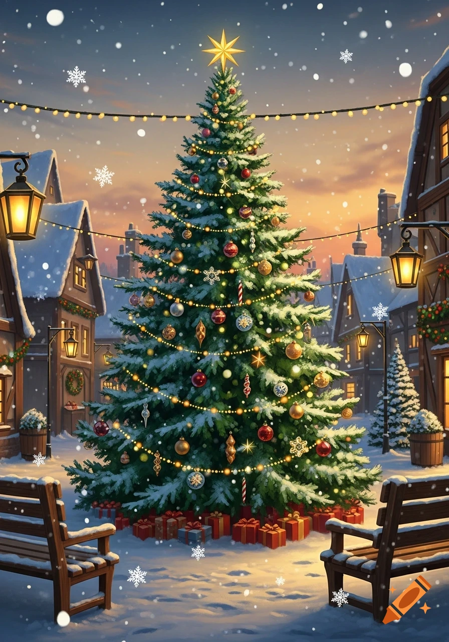 A decorated Christmas tree stands in a snow-covered village square at ...