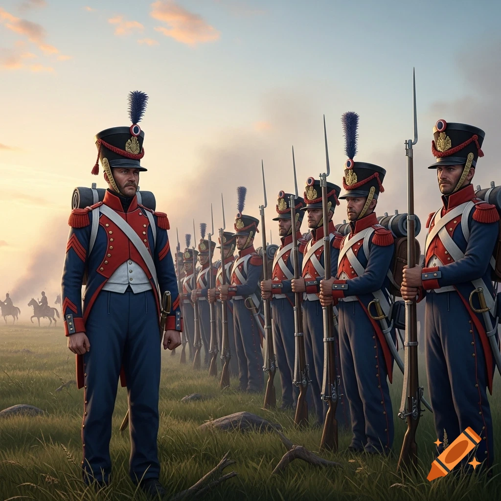 A line of French Napoleonic soldiers in red and blue uniforms stand in a grassy field at sunset.