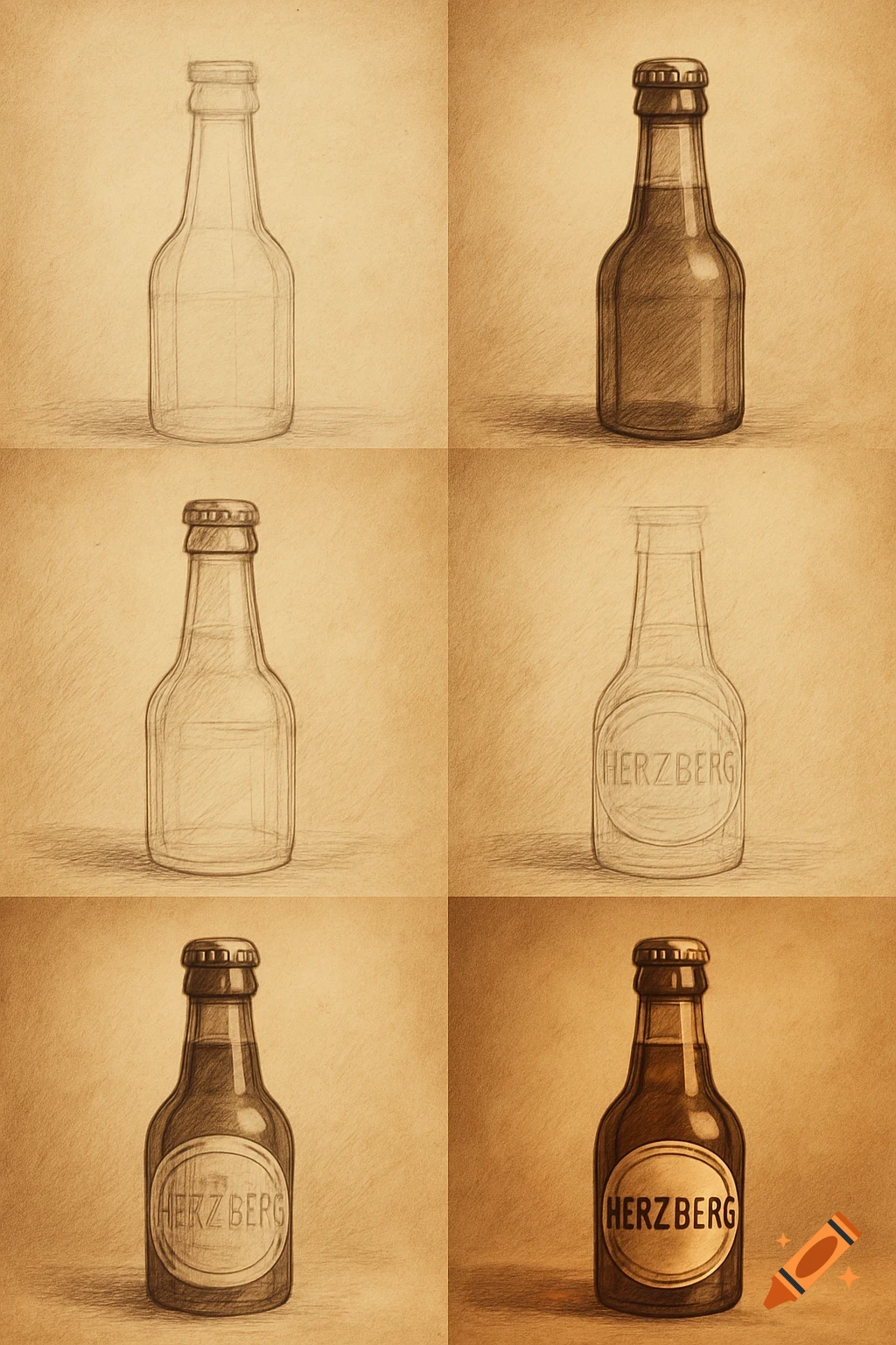 A six-panel step-by-step pencil drawing illustrating how to draw a beer bottle, progressing from outline to a fully shaded bottle with a "HERZBERG" label, all on sepia-toned paper.